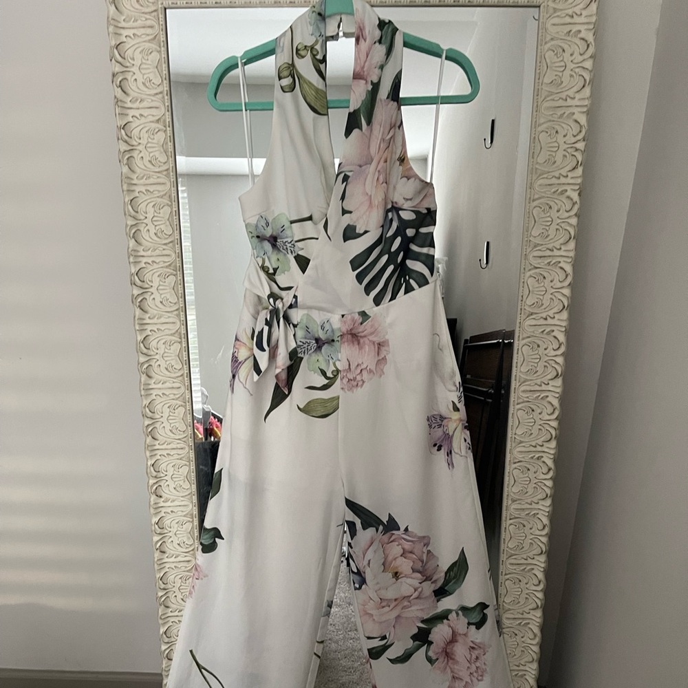 Haltered White Floral Printed Jumpsuit